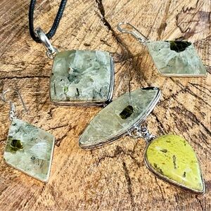 Atlantisite & Moss Prehnite Crystal Pendant & Earrings